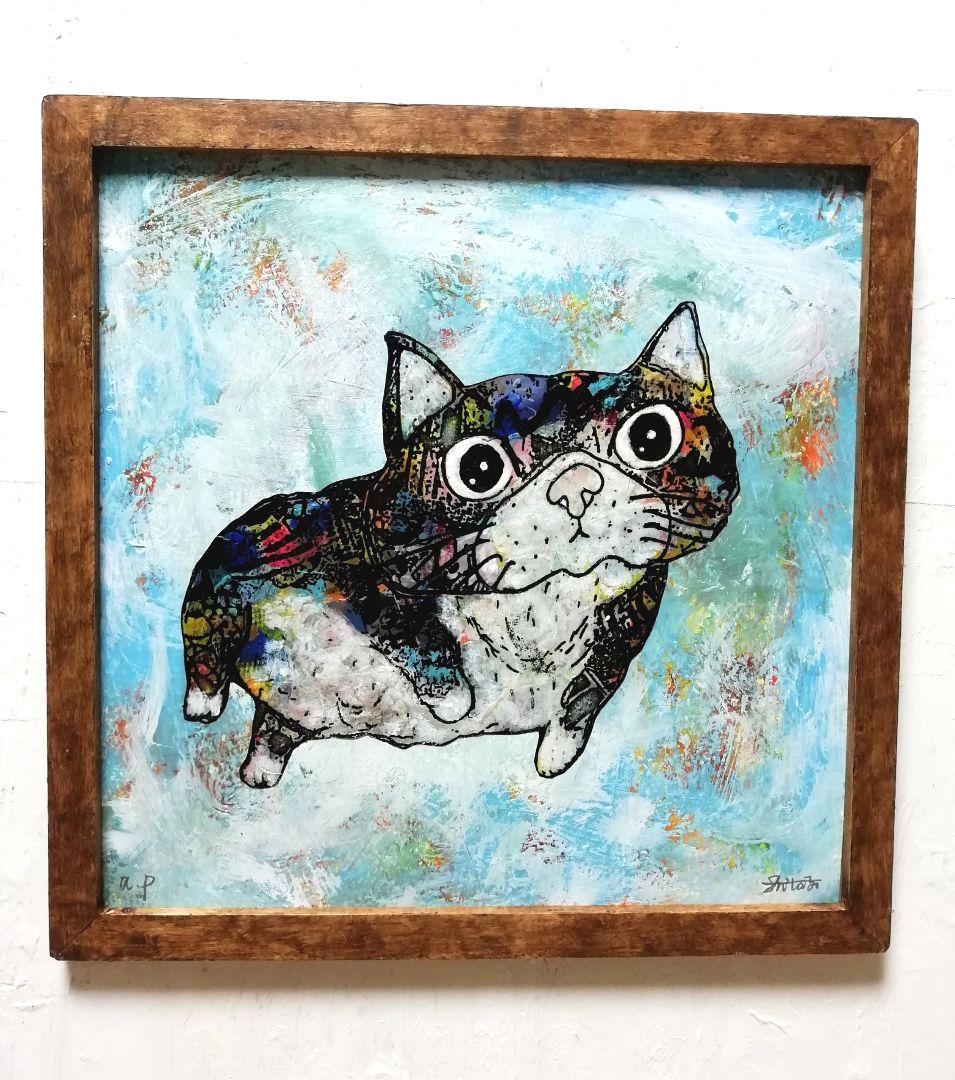 銅版画応用絵画　title「プカプカ猫」