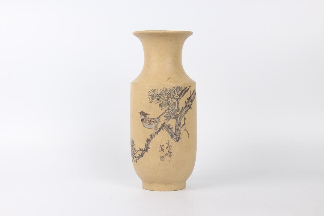 中国 宜興紫砂 段泥 松鳥図 寿峰写 刻絵 花瓶 宜興工芸 花器 Eo21-14