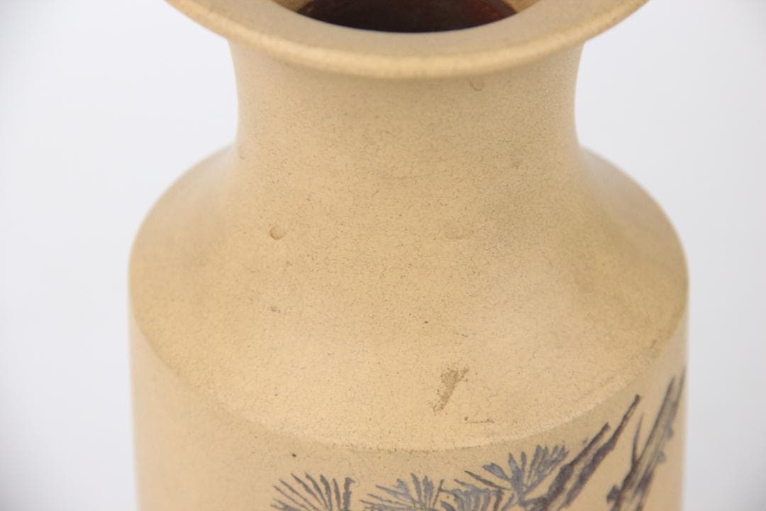 中国 宜興紫砂 段泥 松鳥図 寿峰写 刻絵 花瓶 宜興工芸 花器 Eo21-14