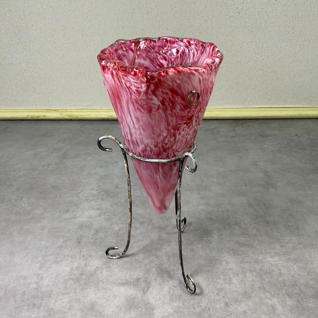 ヴィンテージ ガラス ベース マーブル ピンク×ホワイト 花器 花瓶 スタンド付