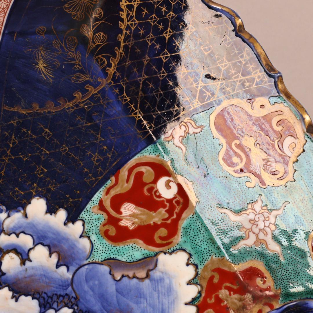 BK301　明治期　古伊万里　色絵小紋芍薬図　六角　大皿　大日本 肥蝶山 乃口製