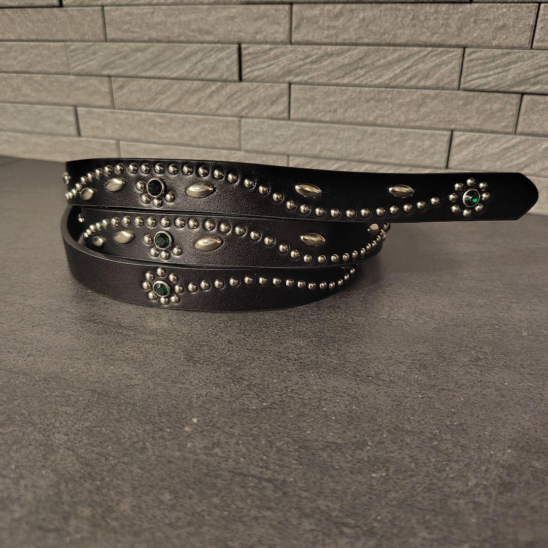 フラワー緑■本革レザーフルスタッズナローベルト☆グリーンエメラルドシルバー