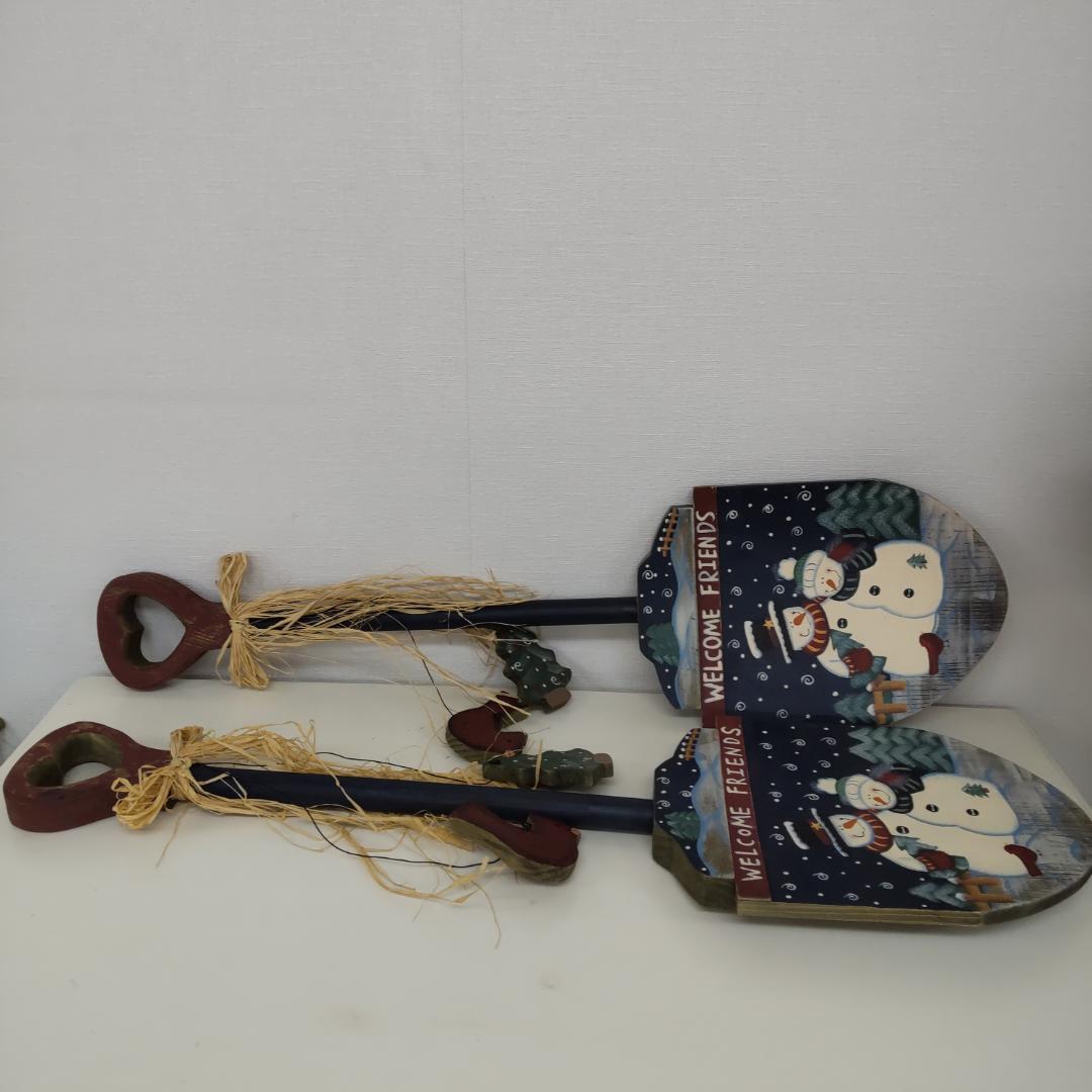 80cm+　クリスマス　重厚　木製スコップ　2点　スノーマン　カントリー　大きい