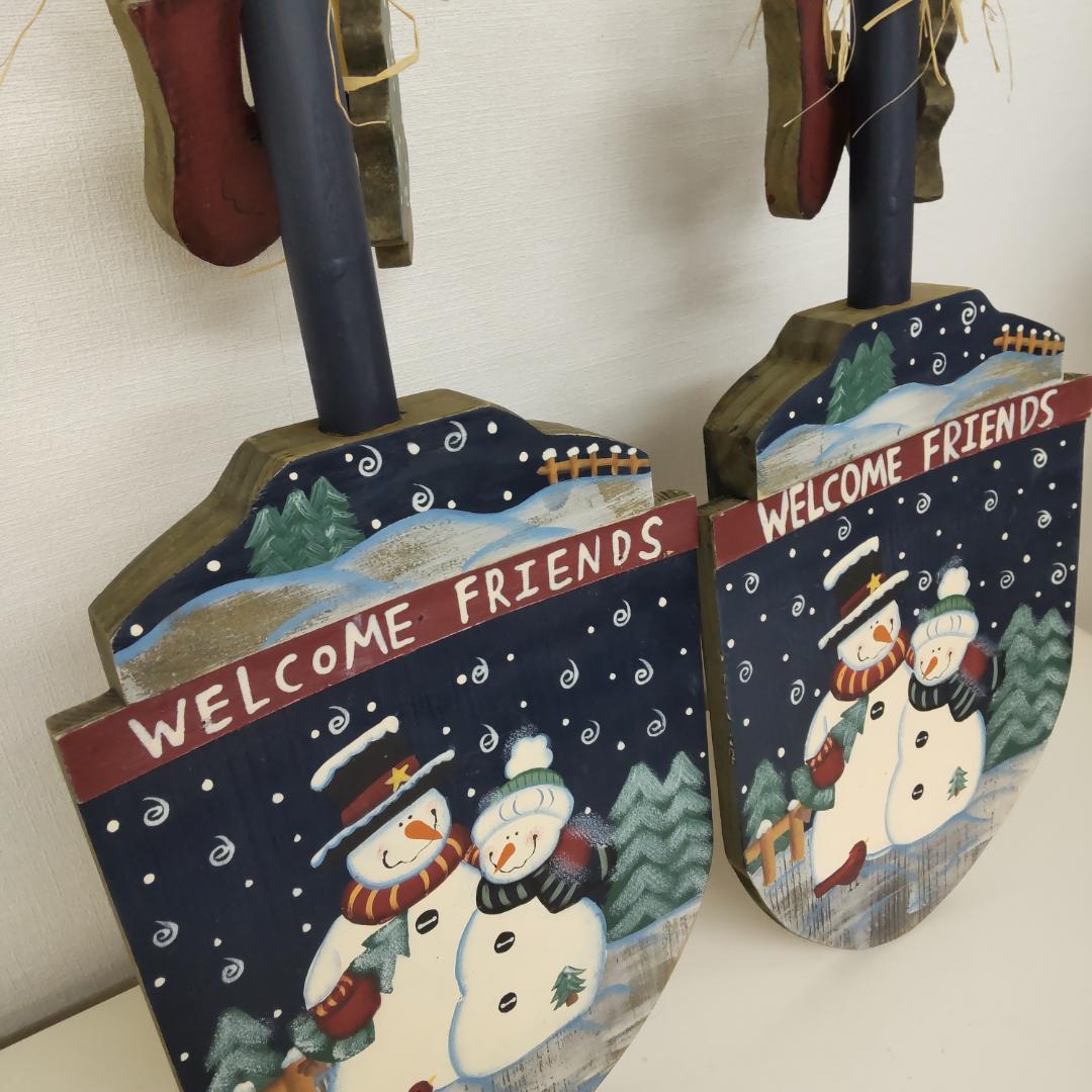 80cm+　クリスマス　重厚　木製スコップ　2点　スノーマン　カントリー　大きい