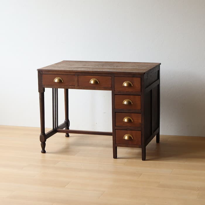 アンティーク ナラ材 ロクロ脚 片袖机 レトロ 真鍮金具 デスク 古家具