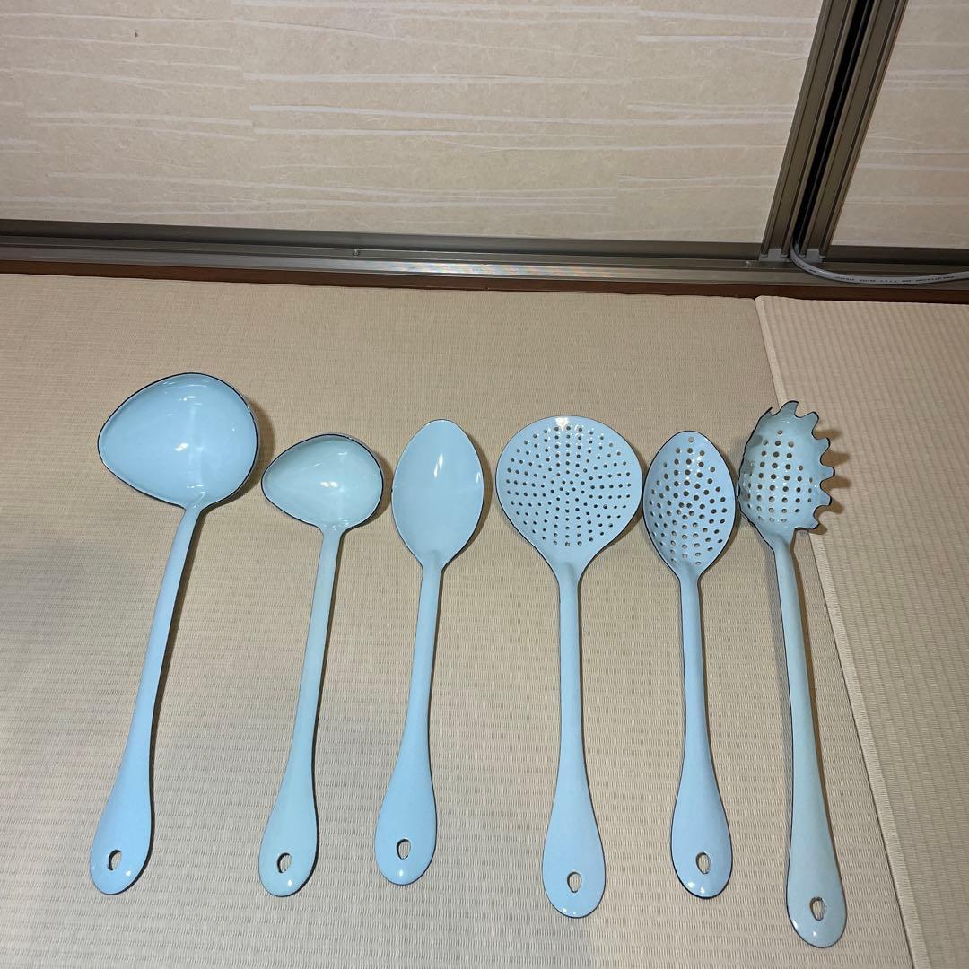 ほうろう 琺瑯 エナメルコーティング レードル、スプーン、パスタサーバー セット