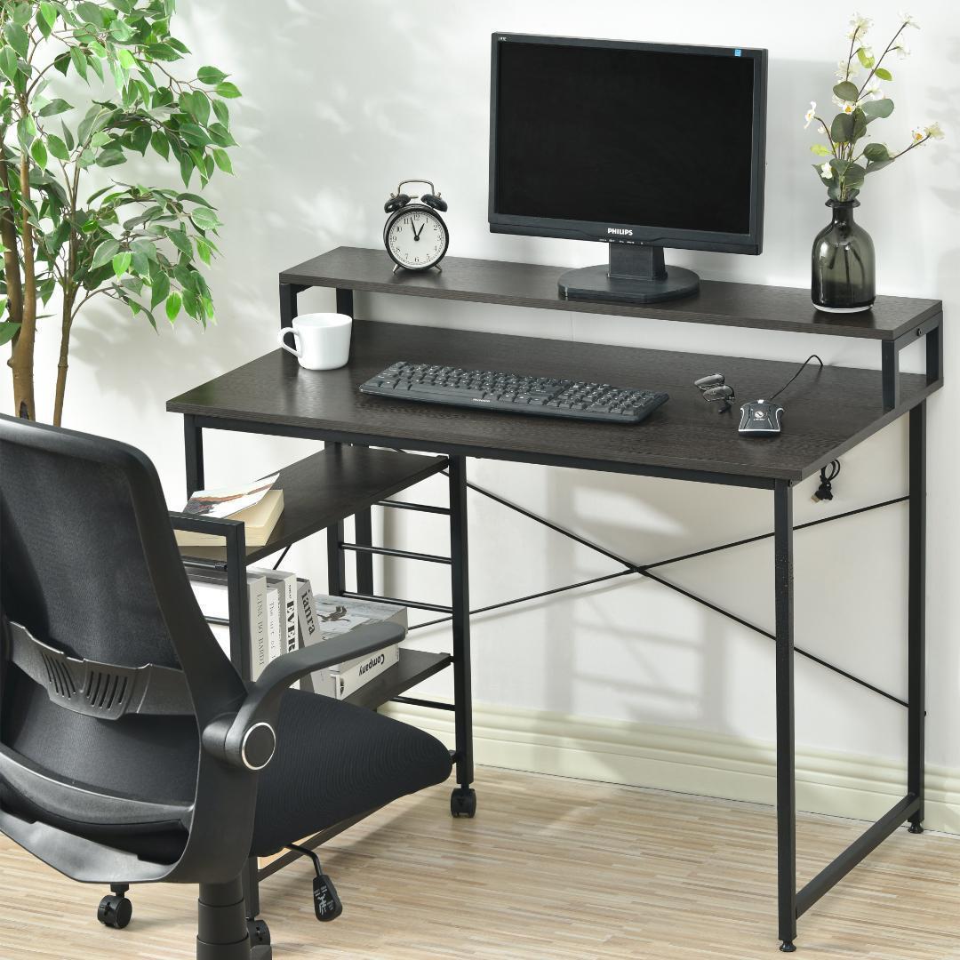 ダークブラウン】パソコンデスク キャスター付きで移動可能ラック付き ワークデスク
