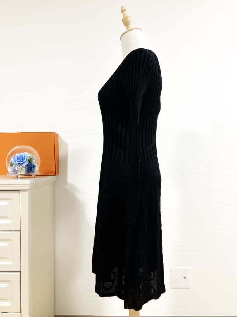 極美品　HERMES シェーヌダンクル　ワンピース　リブ　フレア　シルク　黒