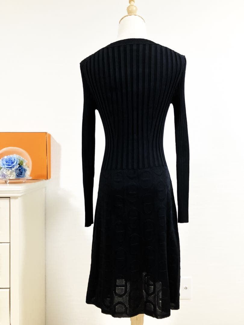 極美品　HERMES シェーヌダンクル　ワンピース　リブ　フレア　シルク　黒