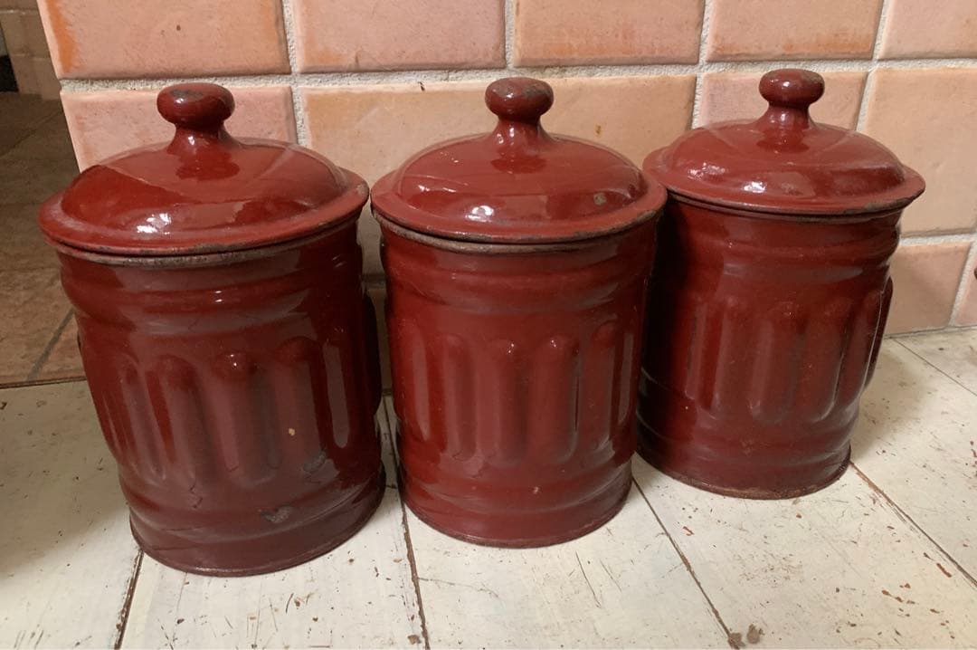 アンティーク　ホーロー　キャニスター　チョコレート色