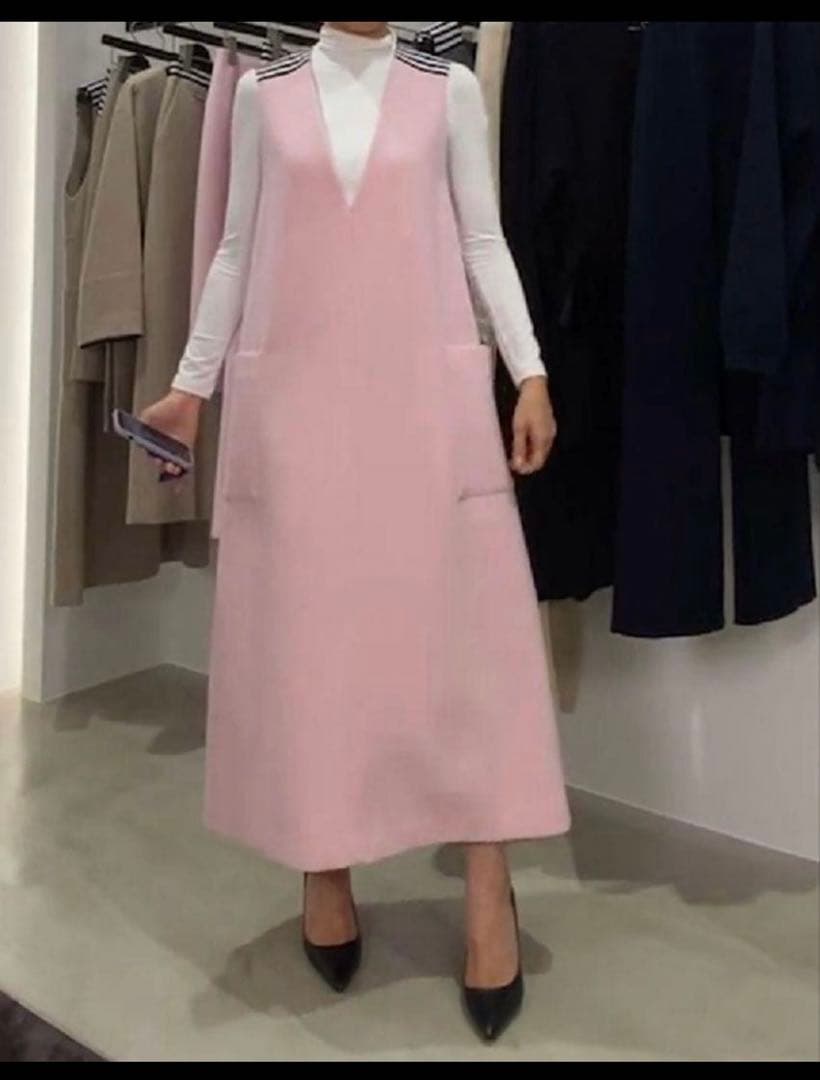 美品 ボーダーズアットバルコニー ウールヘリンボーンドレス ピンク 36