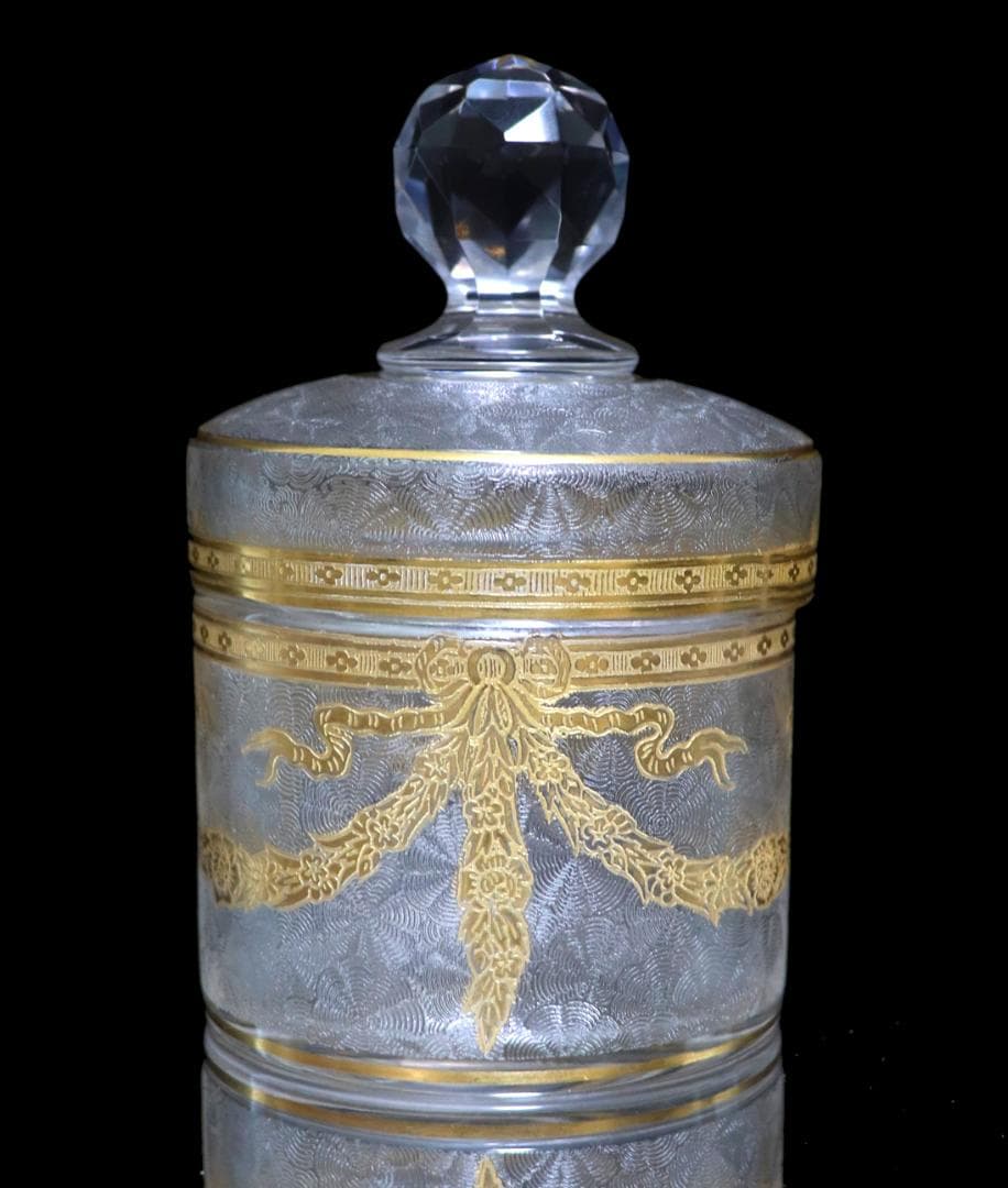 オールド・バカラ 珍品 1900年頃 大型蓋物 金彩唐草模様 ゴールド 小物入れ