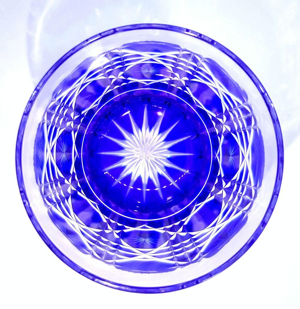 【ましゅまろ】薩摩びーどろ工芸作 薩摩切子 切子オールド 瑠璃 八角籠目文