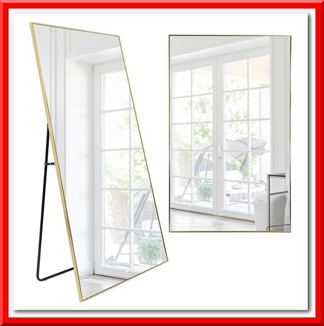 全身鏡 大型（160cmx80cm）鏡 スタンドミラー 姿見鏡 壁掛（ゴールド）