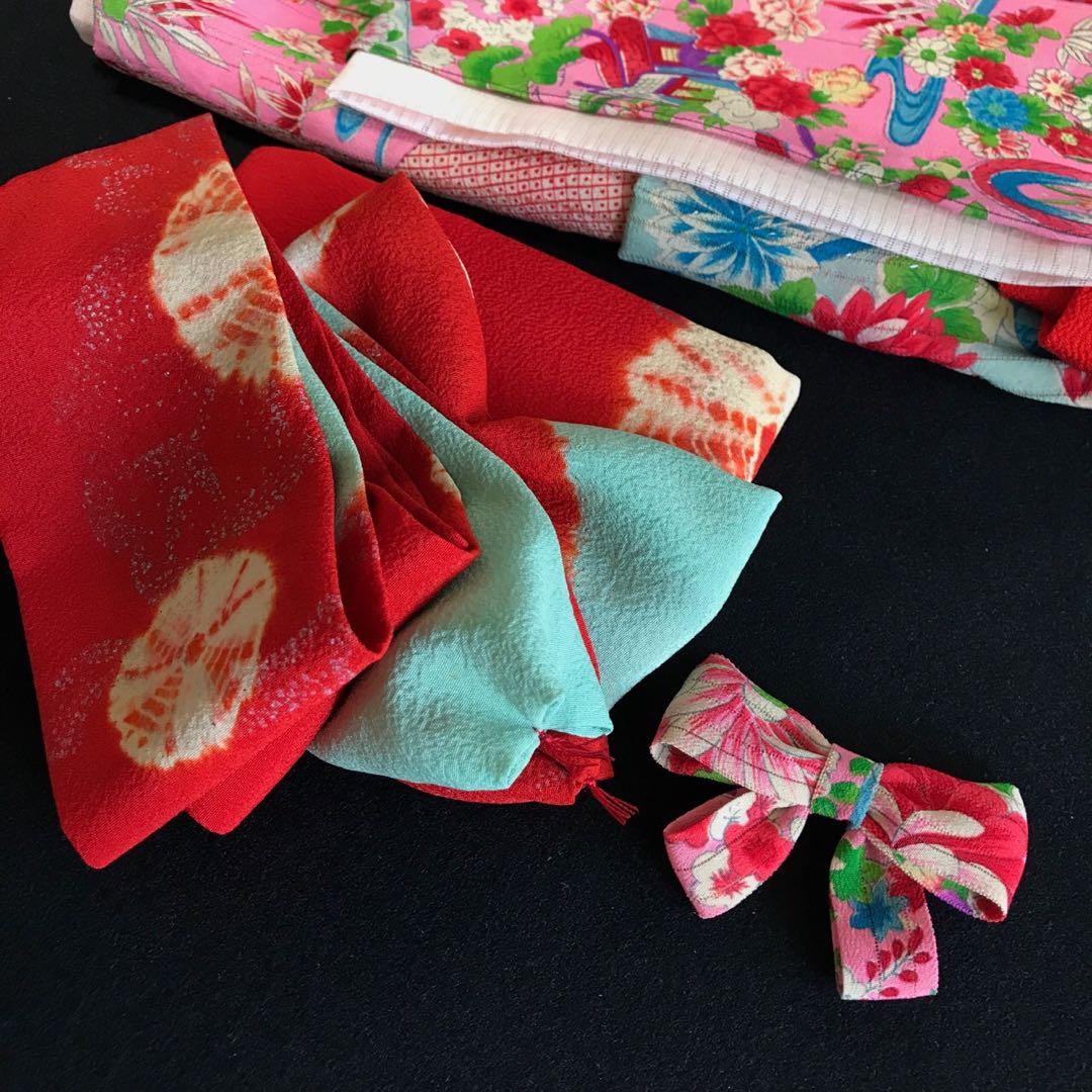 ＊ 市松人形 10号 単衣 縦絽 アンティーク 着物 帯