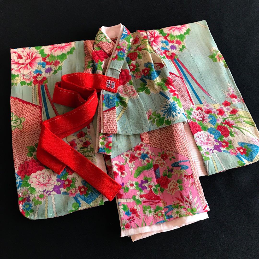 ＊ 市松人形 10号 単衣 縦絽 アンティーク 着物 帯