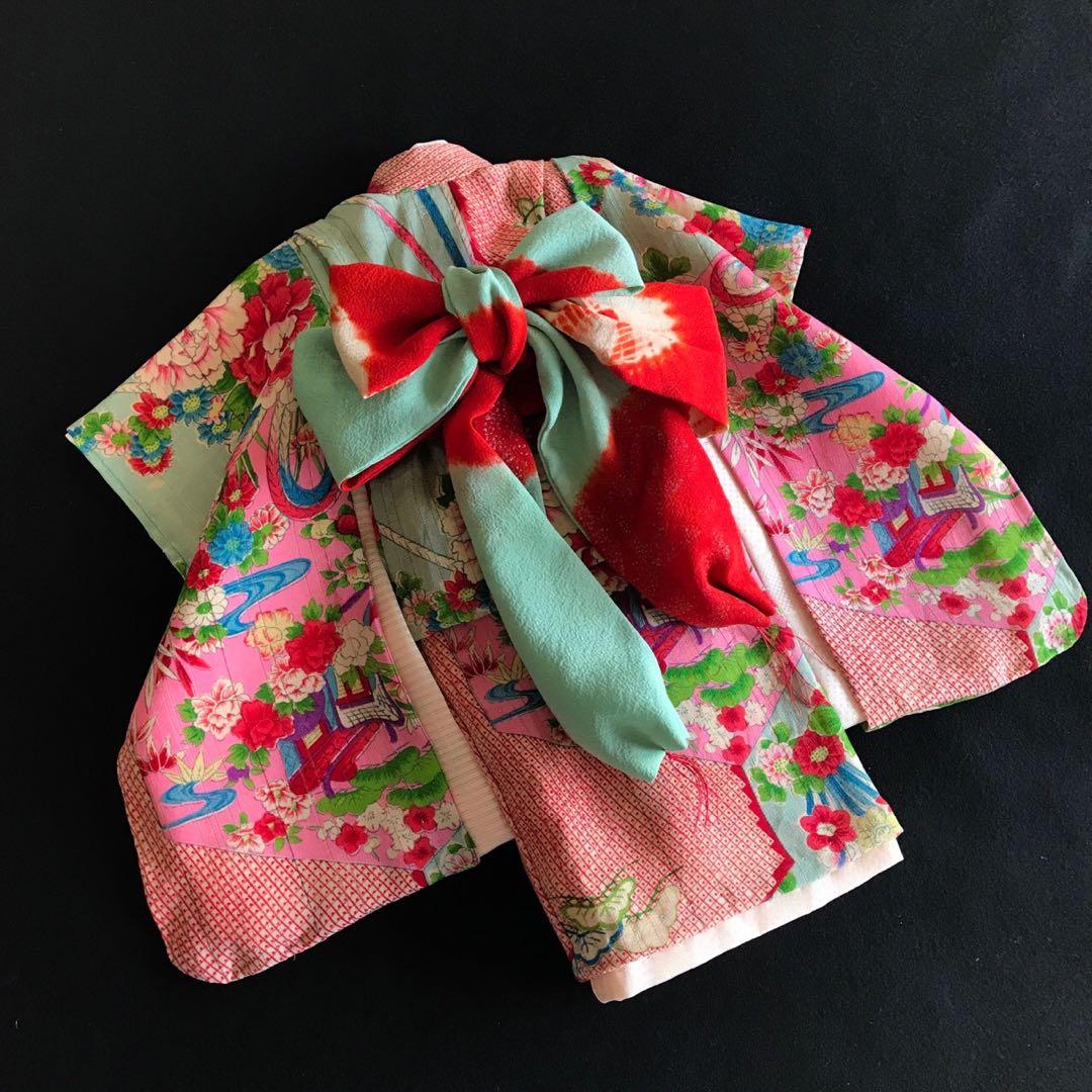 ＊ 市松人形 10号 単衣 縦絽 アンティーク 着物 帯