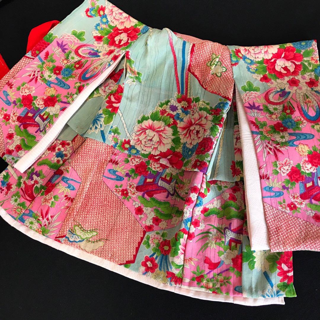 ＊ 市松人形 10号 単衣 縦絽 アンティーク 着物 帯