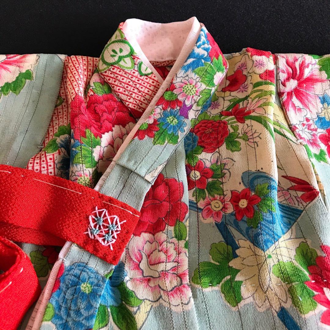 ＊ 市松人形 10号 単衣 縦絽 アンティーク 着物 帯