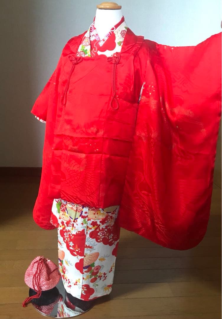 七五三3歳　女の子着物セット　正絹　アンティーク　袖付き羽織　個性的❤️
