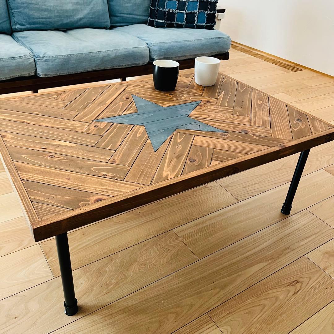 木製ヘリンボーンローテーブル ヴィンテージ仕上げ