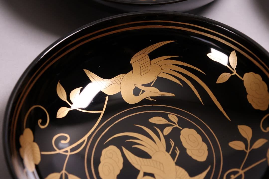 【MA723】木製漆器 長寛写 金蒔絵 黒塗木皿 二十客 吉祥鶴 菓子皿 小皿