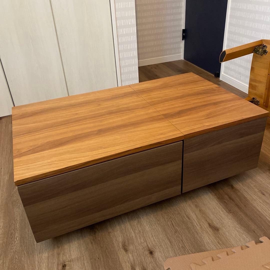 木目調センターテーブル 大量引き出し付き　一生紀