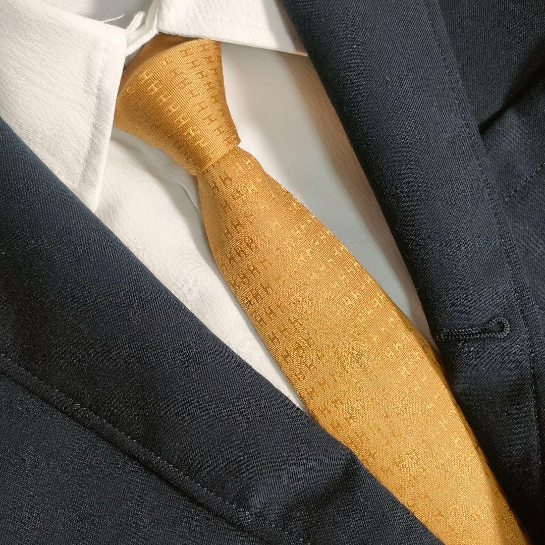 【SALE】エルメス ネクタイ ファソネ H柄 ゴールド系 シルク