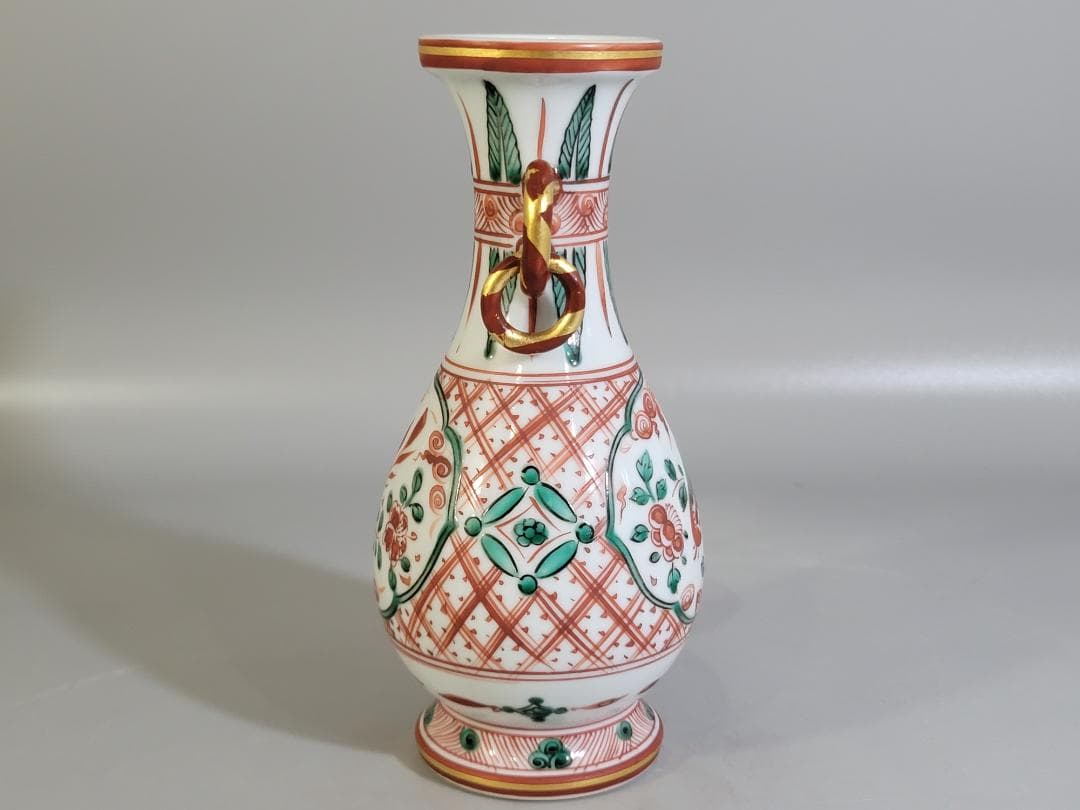 赤絵遊環花瓶 三浦竹泉造 共箱 美品 DT306
