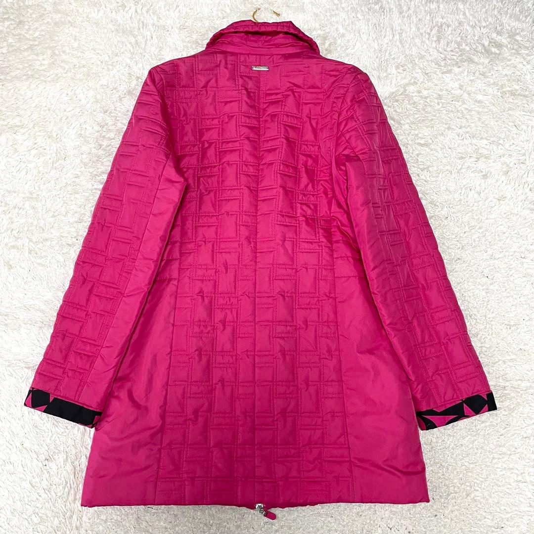 レオナール✨中綿　キルティング　ロングコート トリム ピンク 40 Wジップ