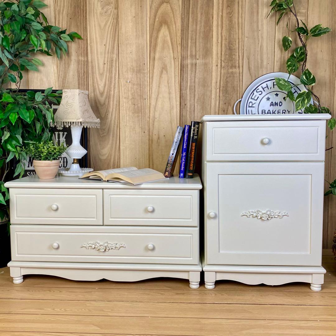 フレンチカントリー北欧調ホワイトチェストキャビネット2点セット木製収納家具タンス