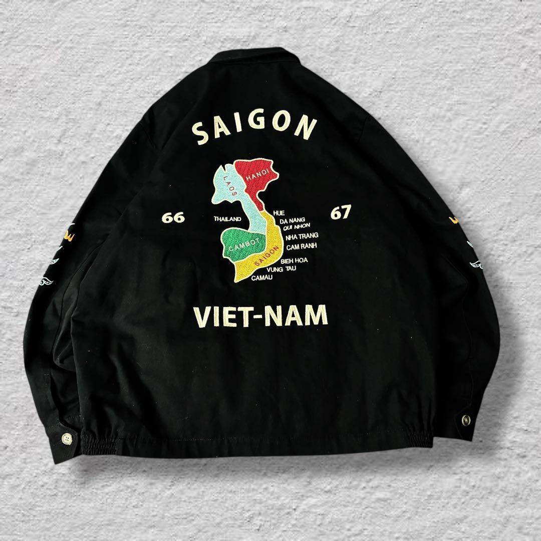 HOUSTONベトジャン別珍ベトナムジャケット虎刺繍vintage古着ブラックL