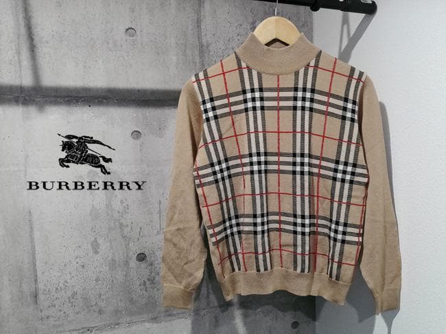 美品 バーバリー ノバチェック カシミヤ混 ラムウール ハイネック セーター M