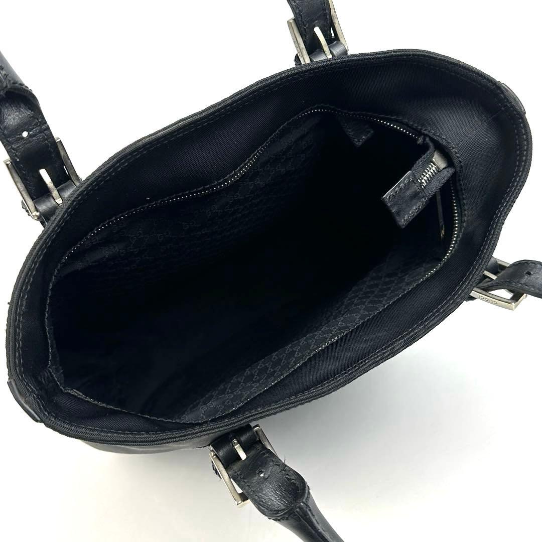 美品■グッチ トートバッグ ロゴプレート シルバー金具 キャンバス レザー 黒