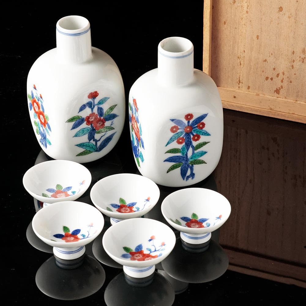 人間国宝 十三代今泉今右衛門 錦花画酒器 徳利 盃五客 共箱 黄布 栞 色鍋島