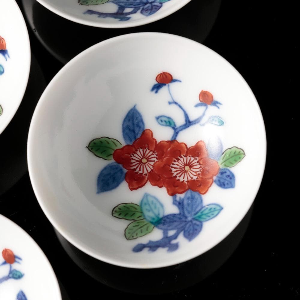 人間国宝 十三代今泉今右衛門 錦花画酒器 徳利 盃五客 共箱 黄布 栞 色鍋島