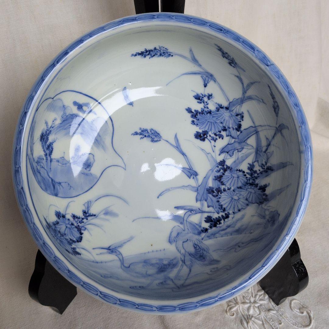 古伊万里 染付 深鉢 白鷺 蛇の目高台