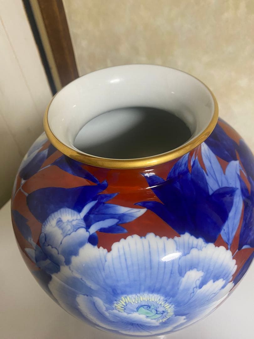 深川製磁 花瓶 牡丹 外赤 金彩 花活　金彩