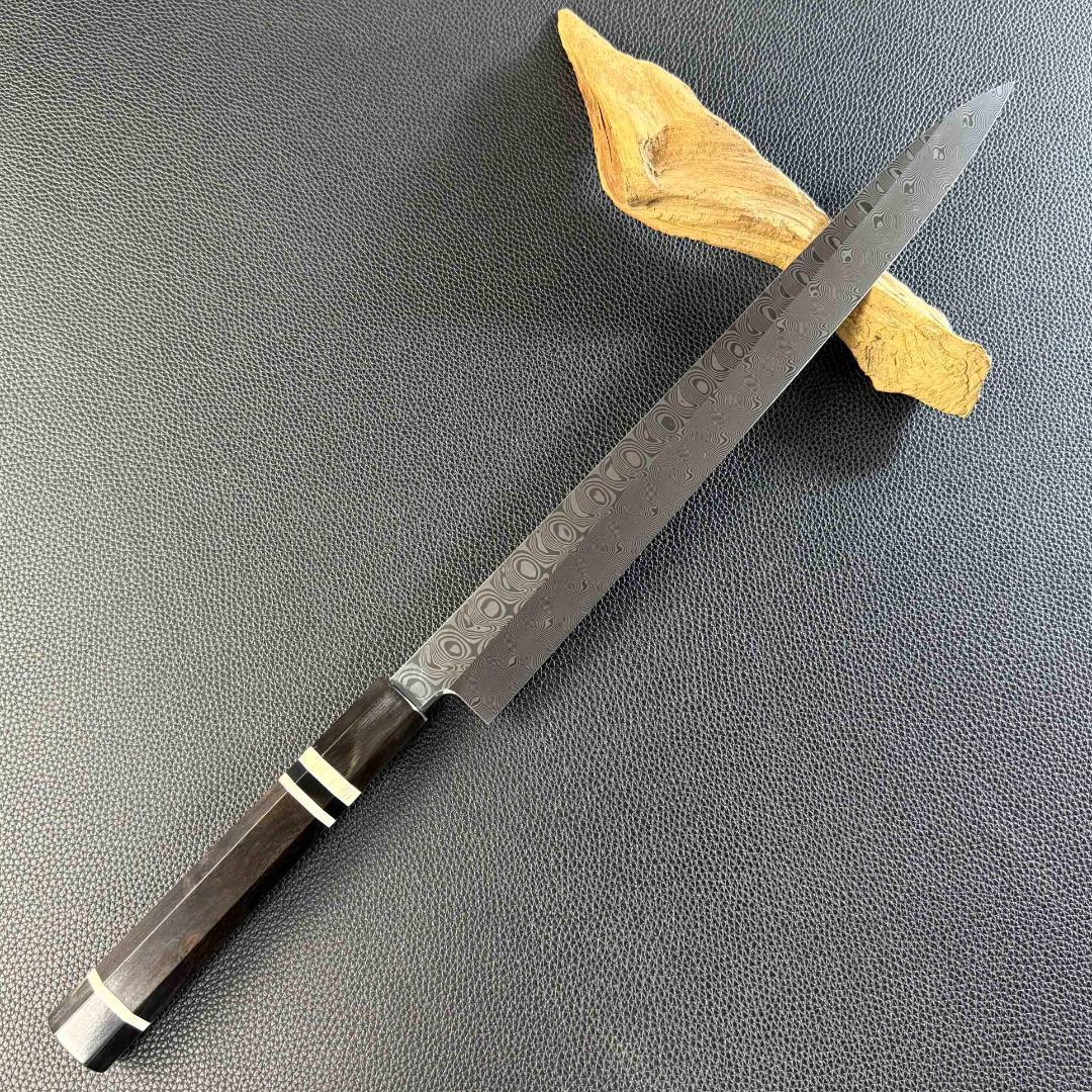 9462新品ダマスカス 柳刃包丁 尺一 渦刃紋105層 黒檀黒水牛白三本巻八角柄