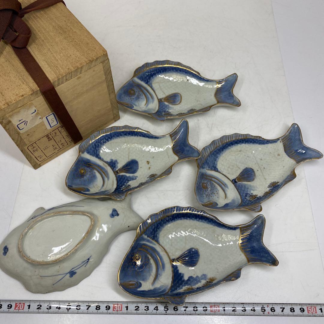 江戸中期　藍九谷　鯛の図皿　5客　トヒル　木箱付　東さ7-0809☆2F