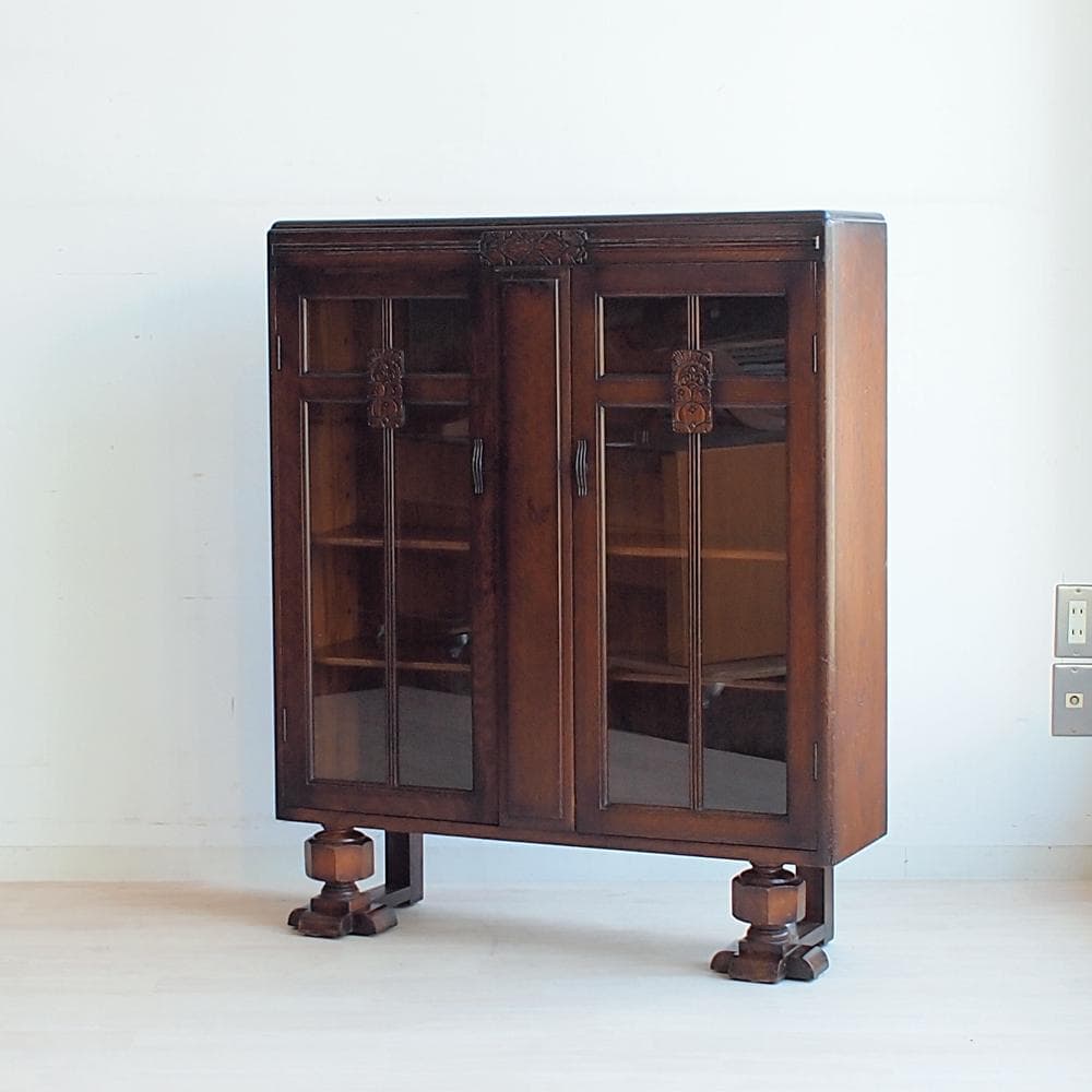 英国アンティーク ガラス扉のキャビネット オーク材 収納 本棚 飾り棚