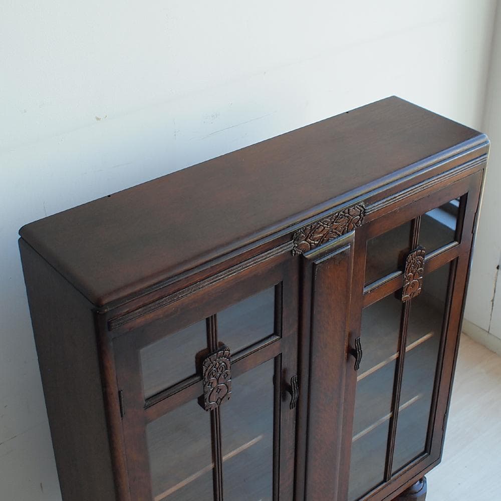 英国アンティーク ガラス扉のキャビネット オーク材 収納 本棚 飾り棚