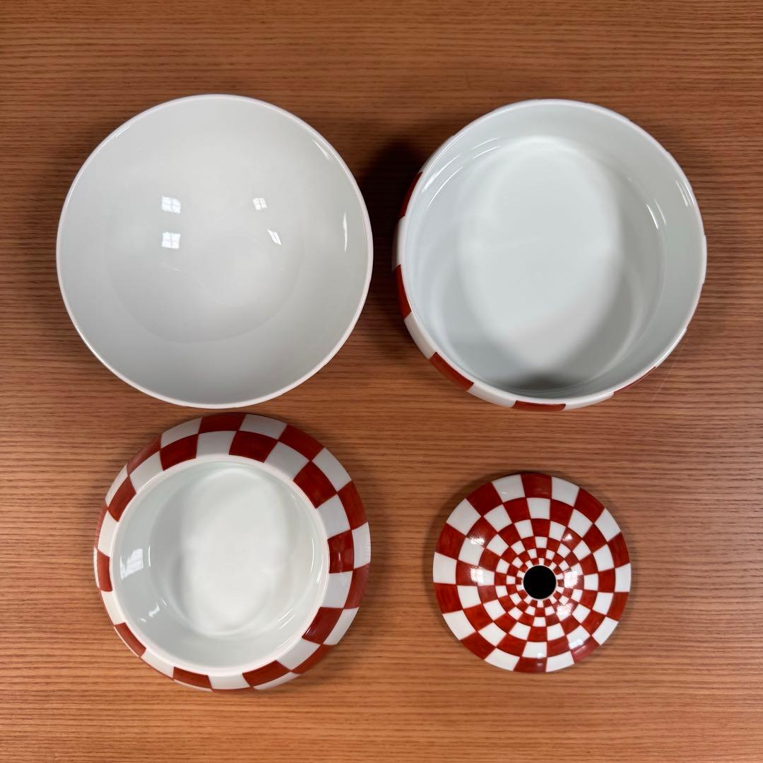 有田焼 李荘窯：赤絵市松文（混柄） 珠型三段重☆