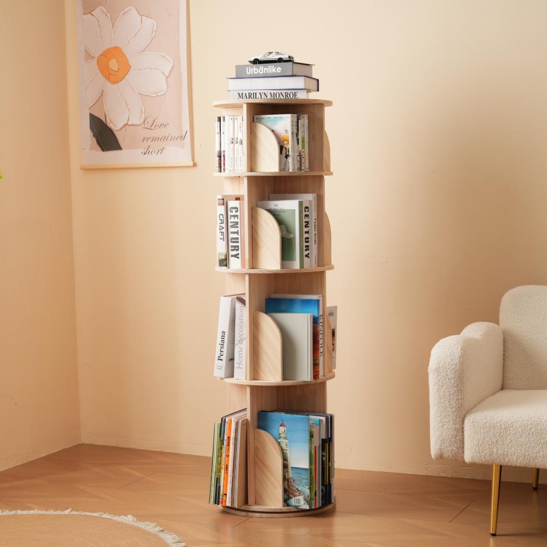 【4段-回転盤タイプ-マルチ高さ】回転式本棚 360°回転 サイズ40*40cm