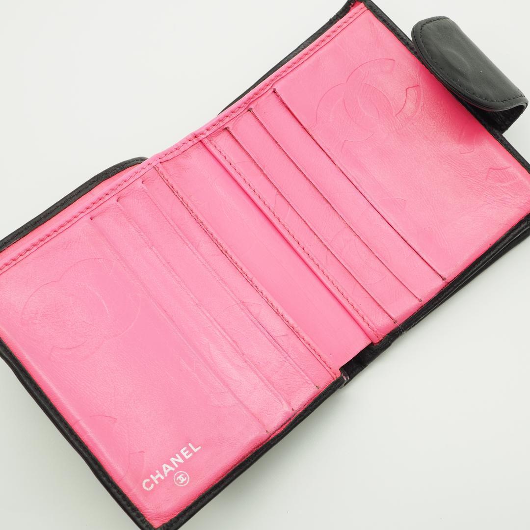 CHANEL シャネル カンボンライン 二つ折り財布 がま口 黒×ピンク