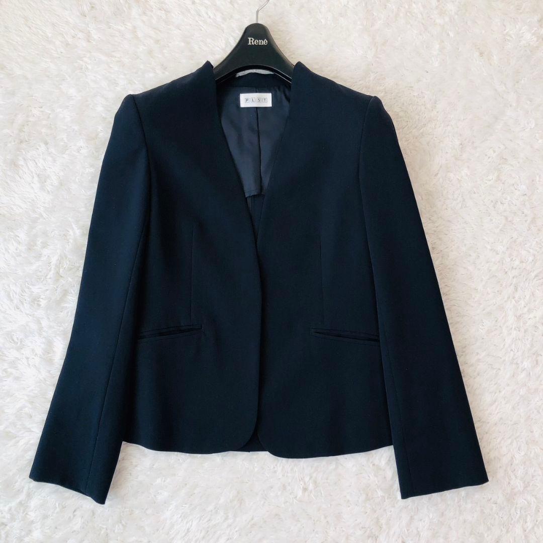 プラステ セットアップ ジャケット ノーカラー パンツ ベルト 紺 ゴム M L