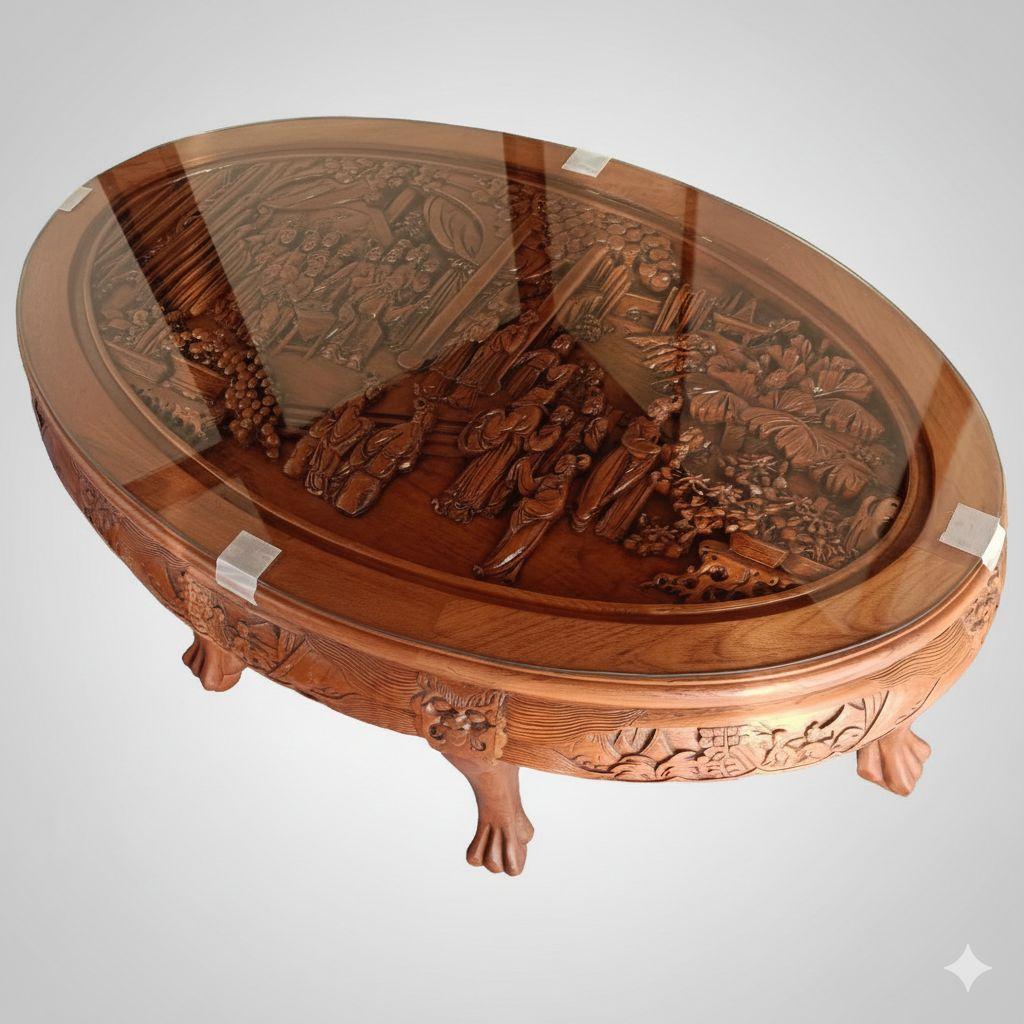 木彫り 座卓 ローテーブル 楕円 ガラス天板 中国美術 アンティーク　アジアン