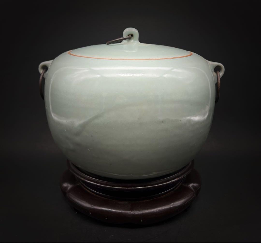 中国美術 古玩 青磁雙耳壺　お茶入れ　茶筒 茶道具