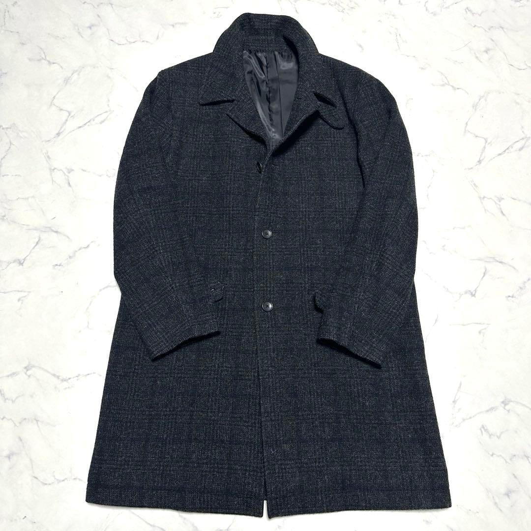 未使用級美品　シップス　ステンカラーコート　チェック　チャコールグレー　ネイビー