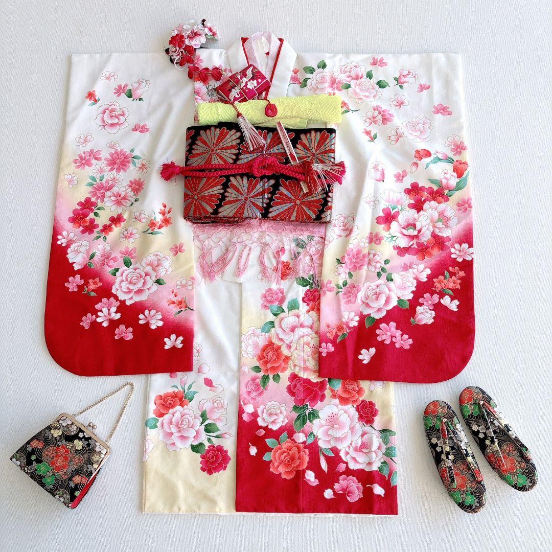 七五三　7歳女の子　 長着&帯　きもの 白×赤バラ　袋帯金地蝶桐